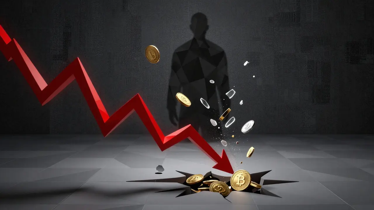 Low poly illustration showing a crashing red graph and floating coin shards symbolizing risk.