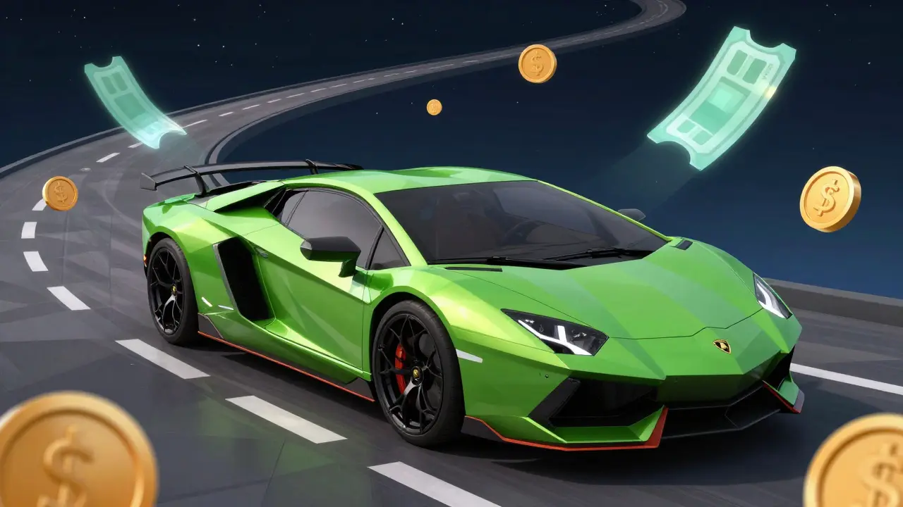 Low poly Lamborghini car surrounded by ticket icons