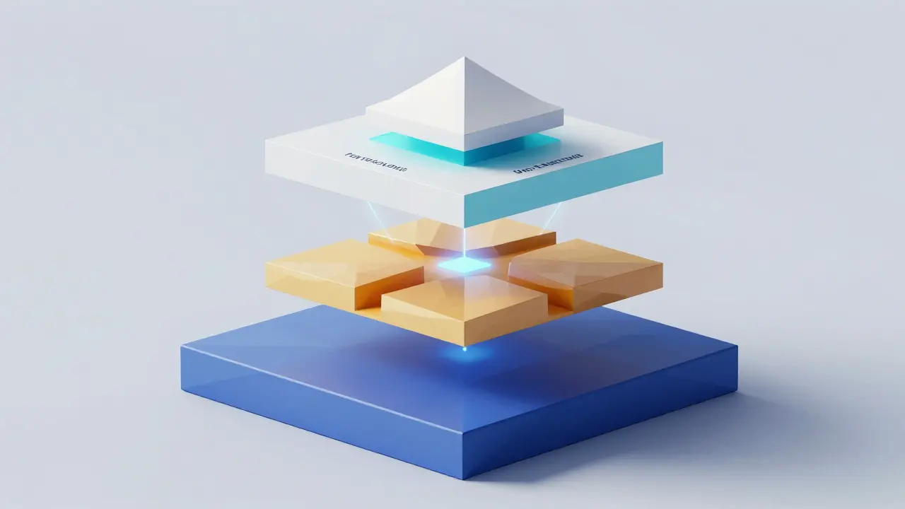 Low poly layered blockchain structure showing L1, L2, and L3 tech