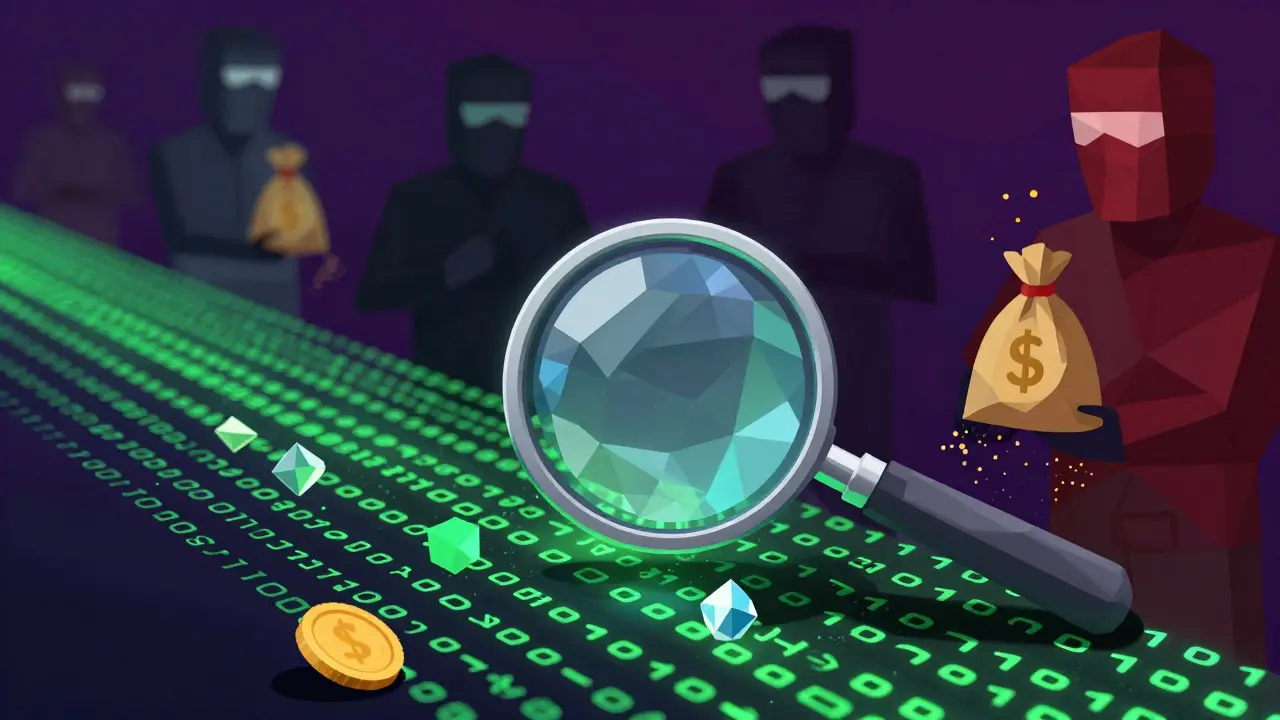 Low poly magnifying glass inspecting code with shadowy scammers in background