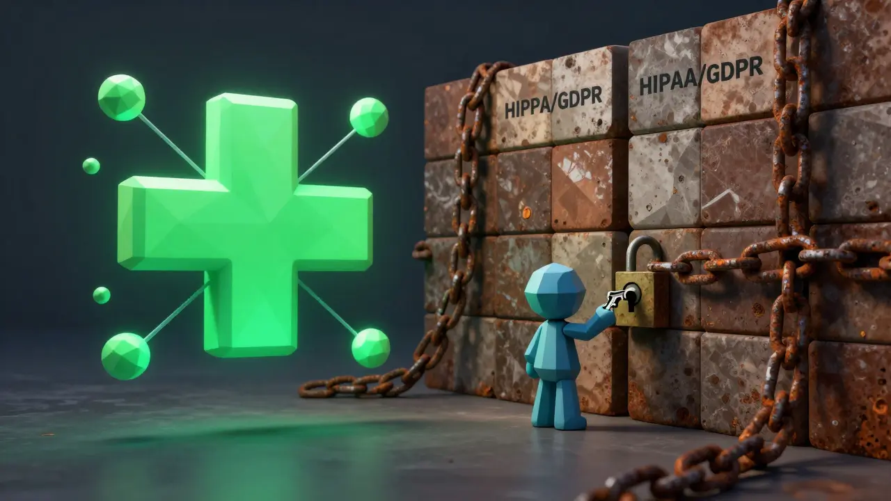 Low poly scene depicting a digital medical key failing to unlock heavy regulatory barriers.