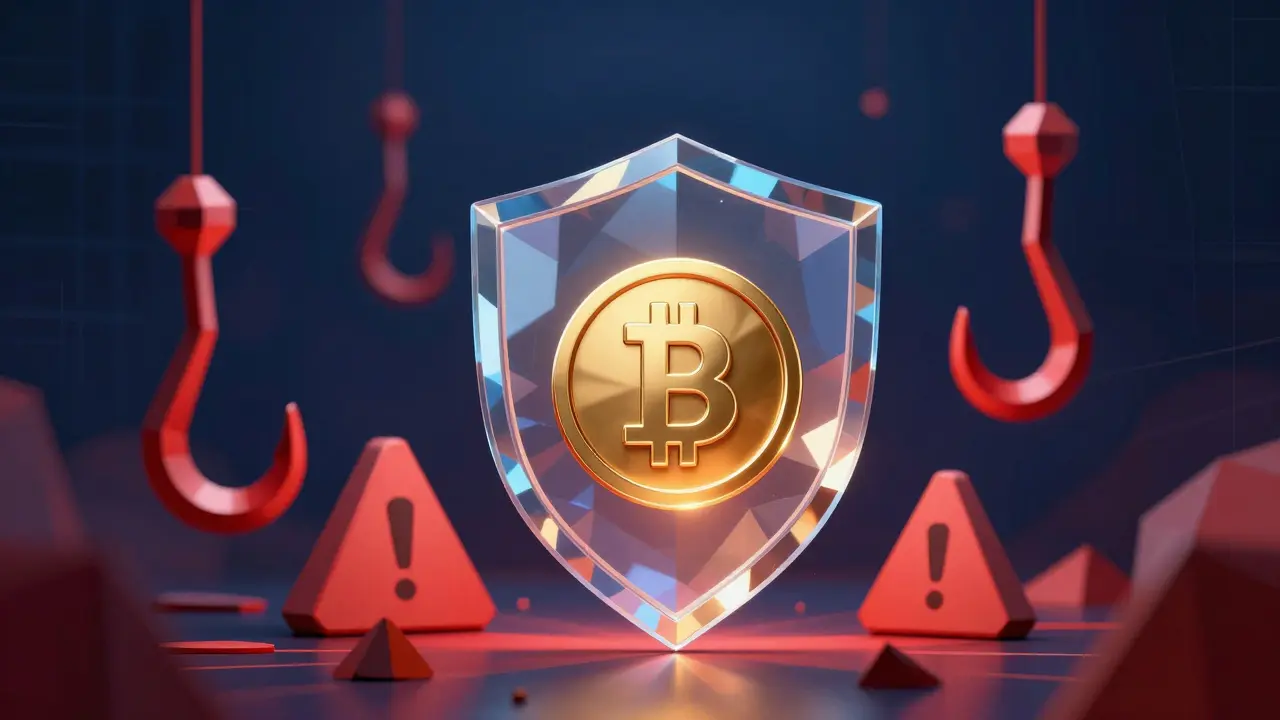 Low poly shield protecting a crypto token from red phishing hazards