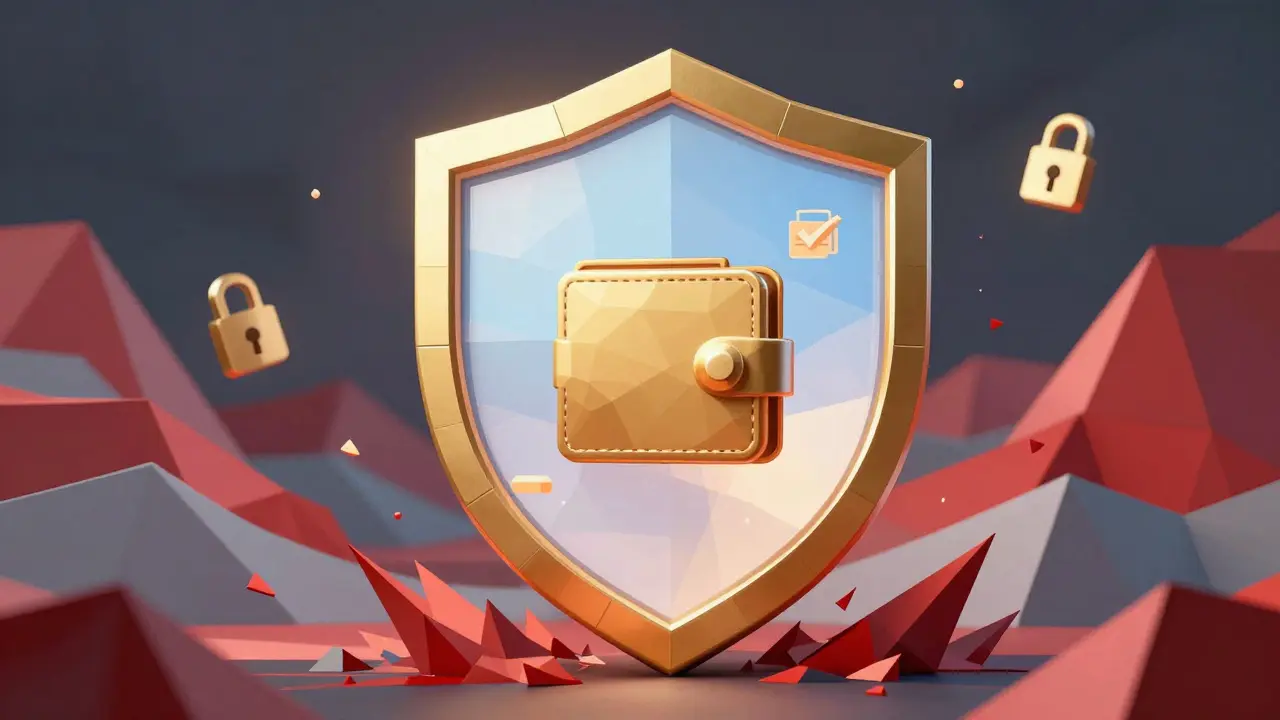 Low poly shield protecting a digital wallet from chaotic red attack waves