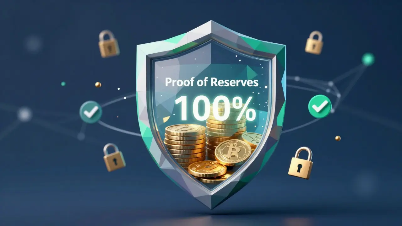 Low poly shield protecting golden coins with security symbols around it