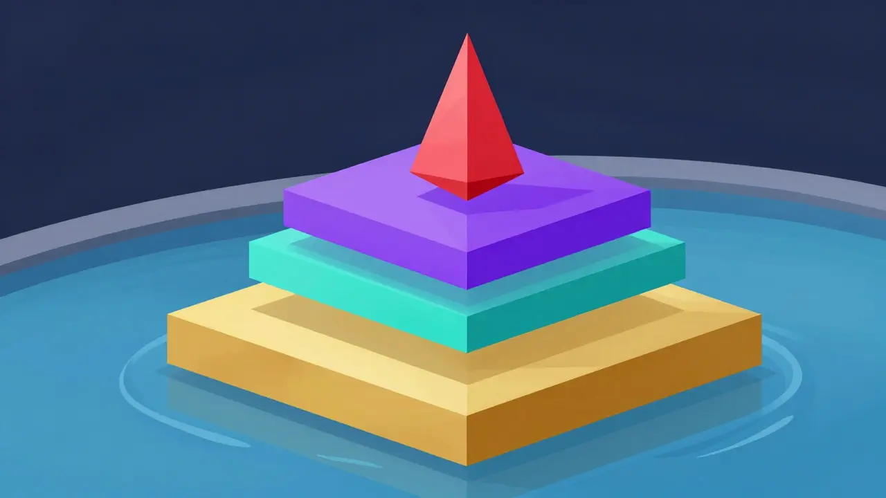 Low poly stacked layers representing core, growth, and speculative investment tiers.
