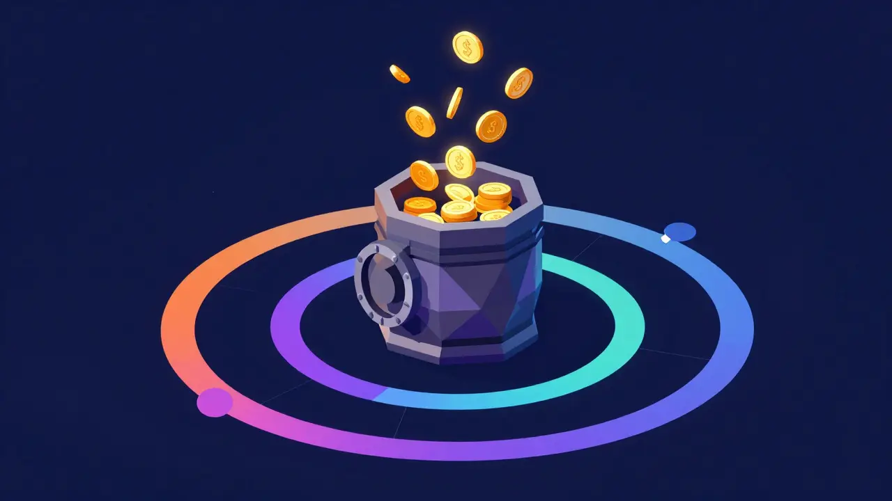 Low poly vault harvesting rewards from orbiting blockchain network rings