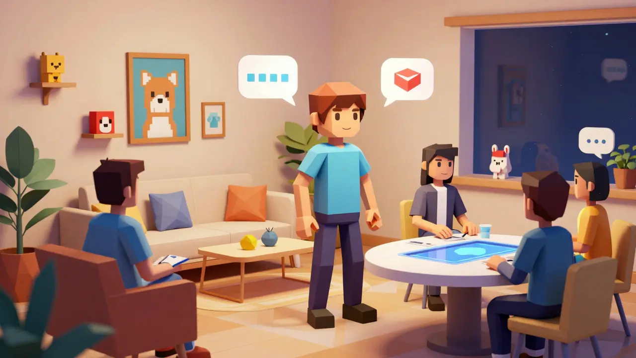Low-poly virtual room showing avatars socializing in a crypto metaverse hub