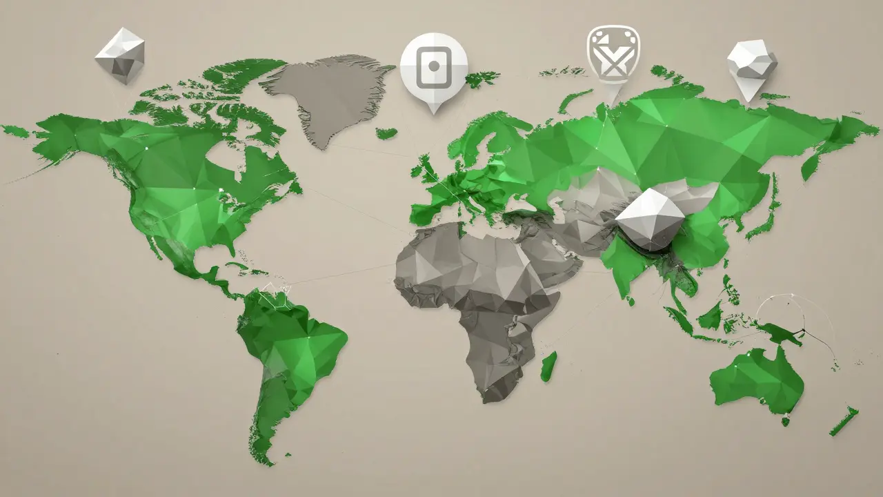 Low poly world map highlighting global crypto access and US restrictions