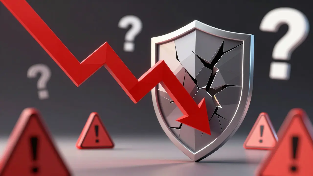 Red low poly arrow piercing broken security shield