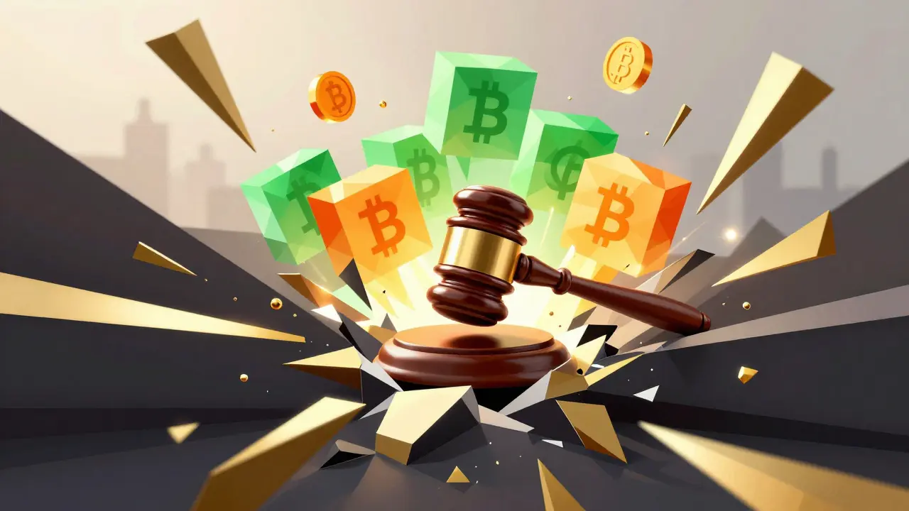 Shattering golden barrier revealing bright crypto assets in low poly style