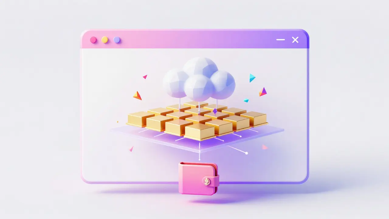 Abstract low poly diagram of dApp layers including blockchain and wallet