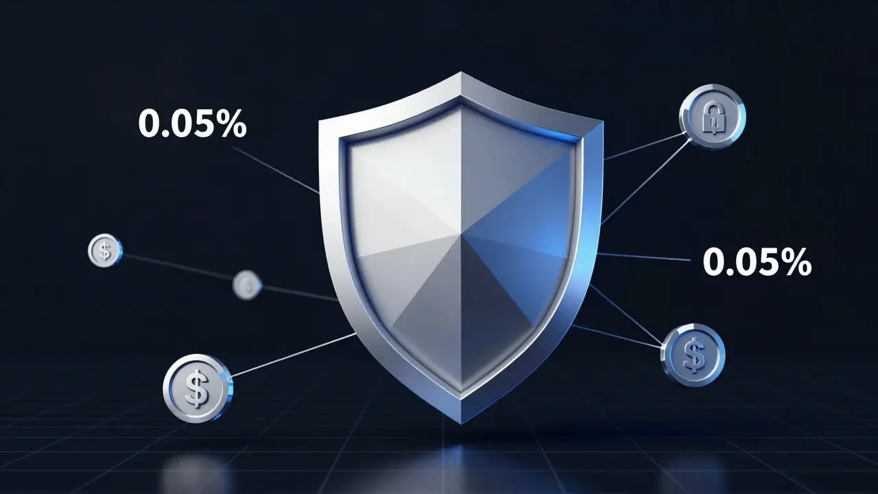 Faceted shield and coins illustrating low fees and secure cold storage technology.