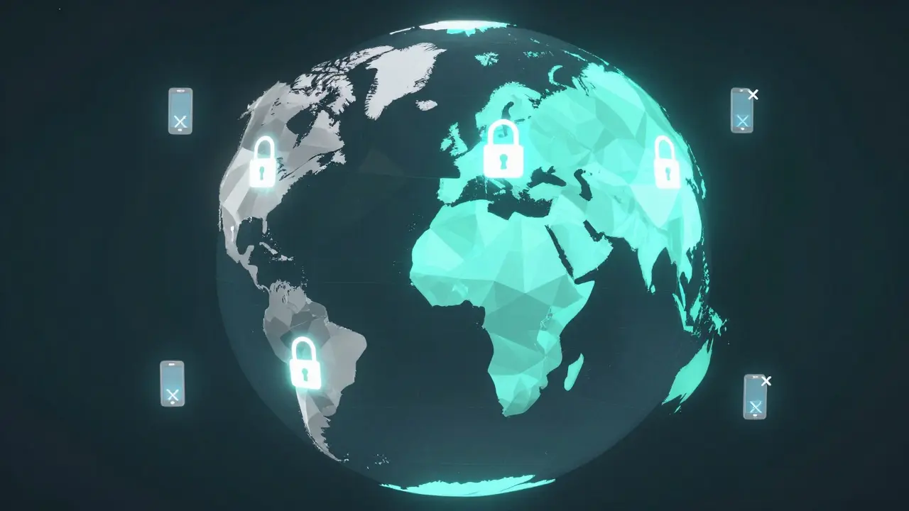 Geometric globe with locked regions indicating country bans and no mobile app access.