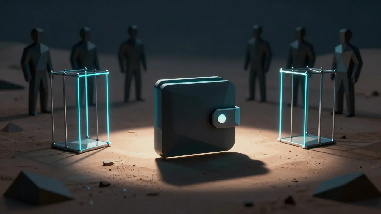 Isolated low-poly wallet trapped in neon lines symbolizing illiquidity