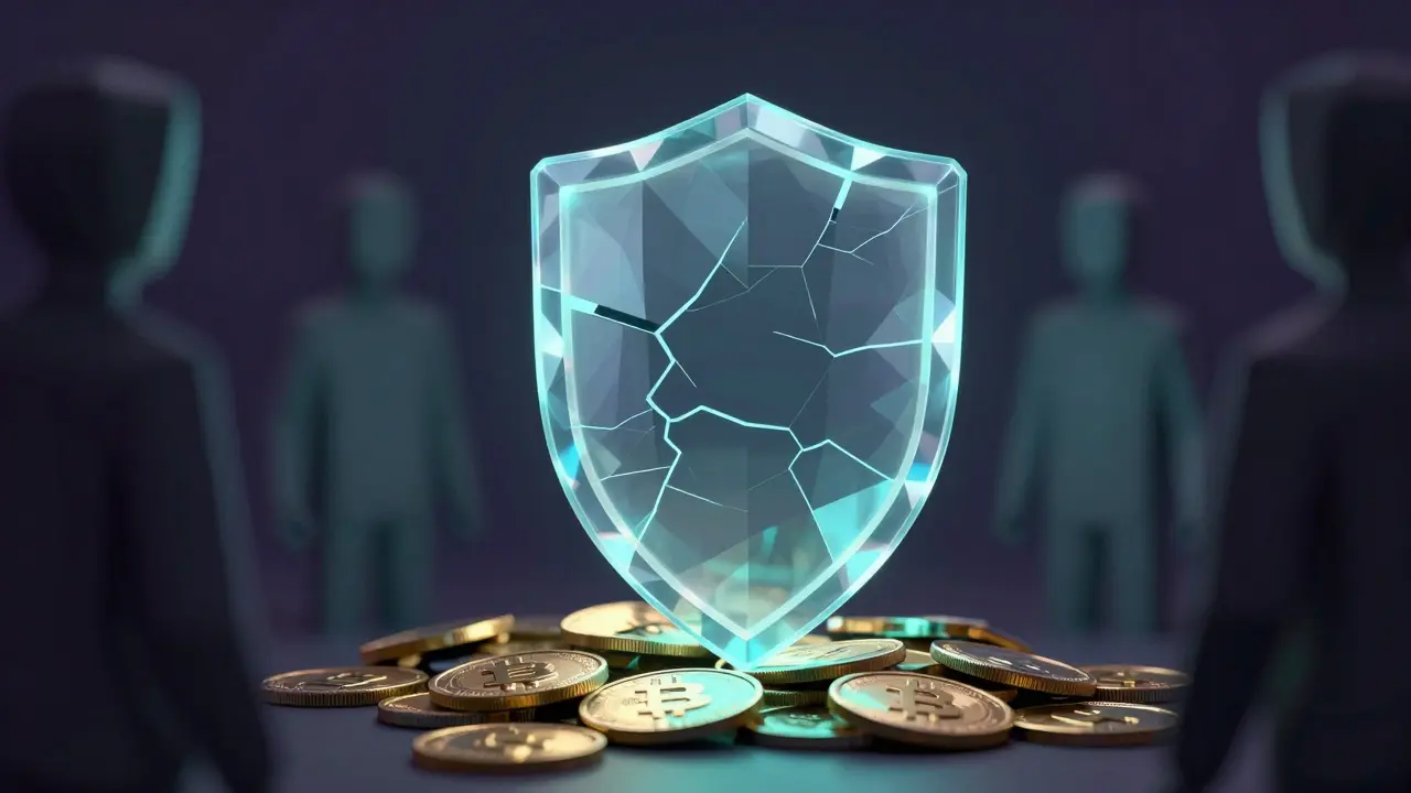 Low poly art of a cracked shield protecting digital coins, symbolizing limited security oversight.
