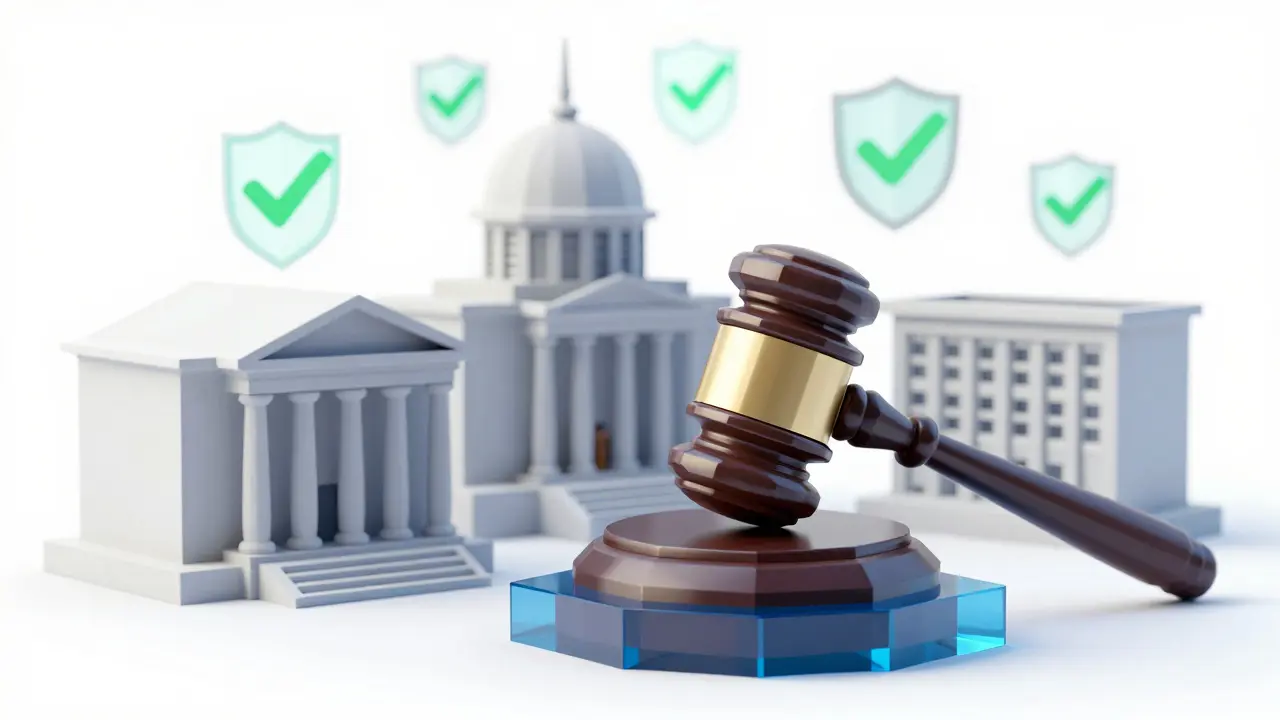 Low poly art of a gavel and shields symbolizing crypto regulation and trust