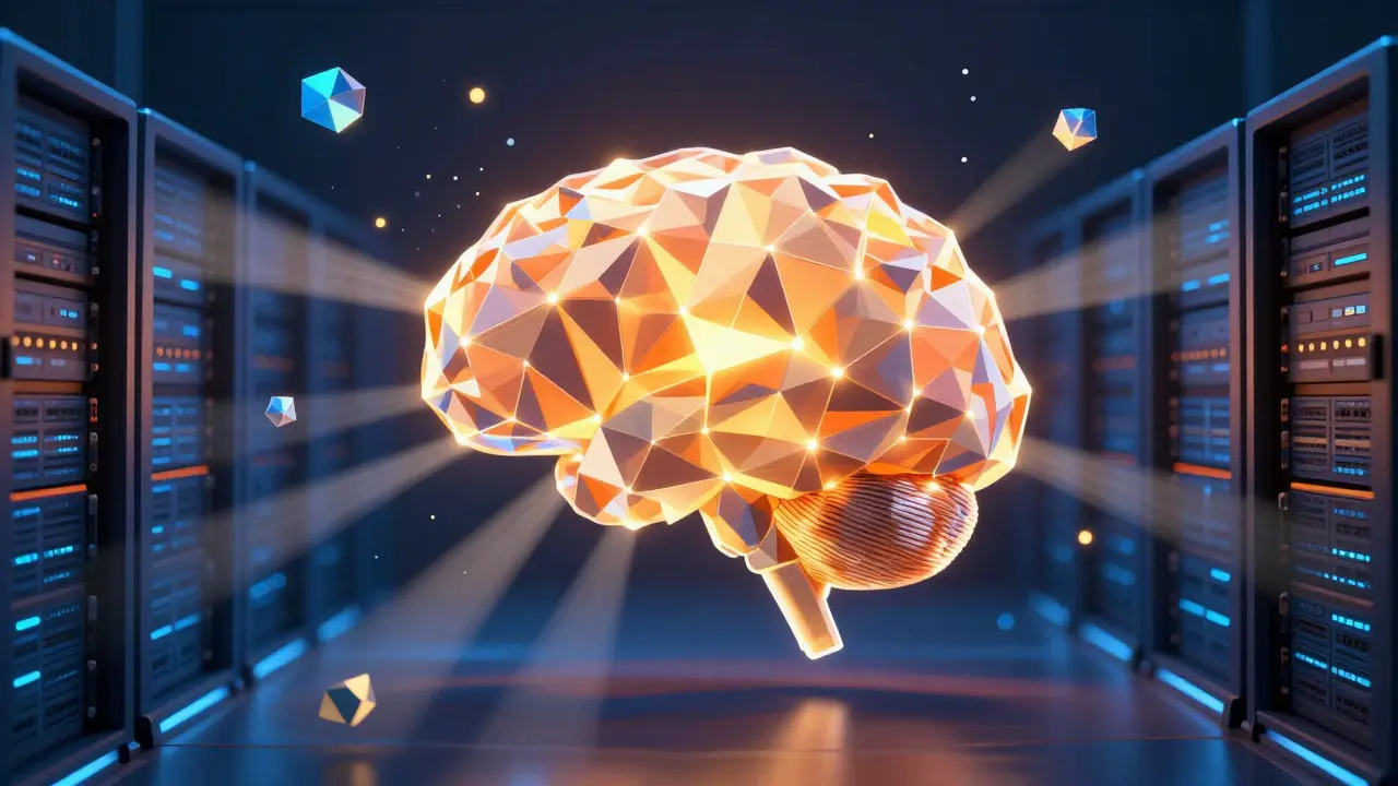 Low poly art showing a digital brain being verified by server data streams.