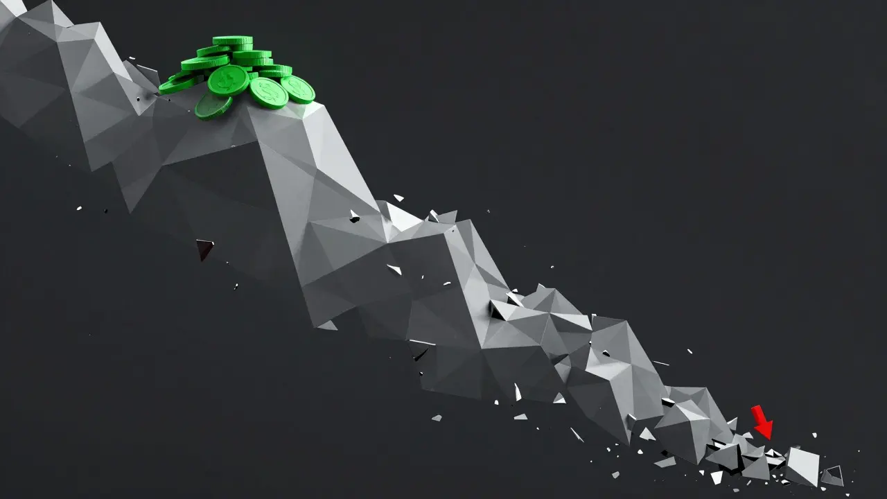 Low-poly chart crashing downwards illustrating 99% crypto value loss