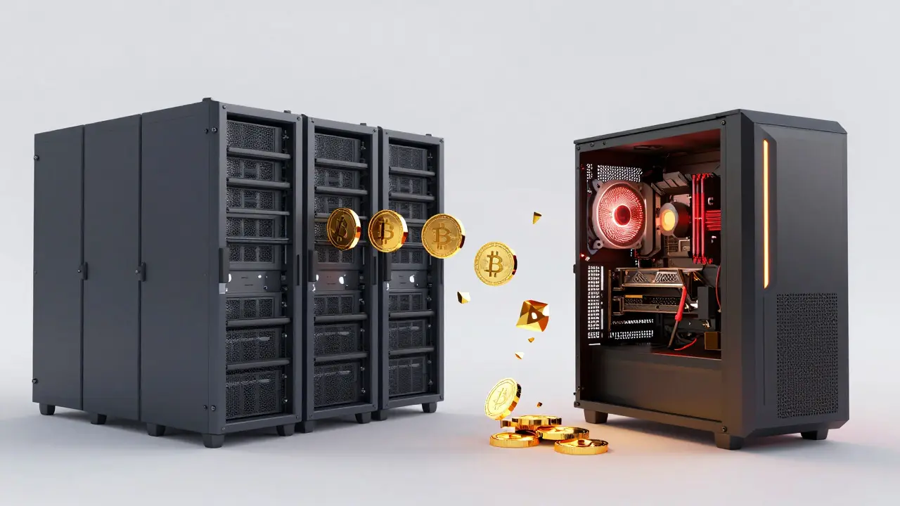 Low poly comparison of consumer PC vs enterprise server mining