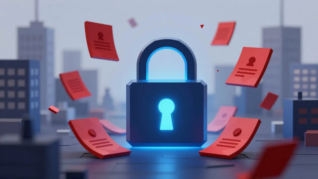 Low poly digital vault protecting against red geometric fraud symbols
