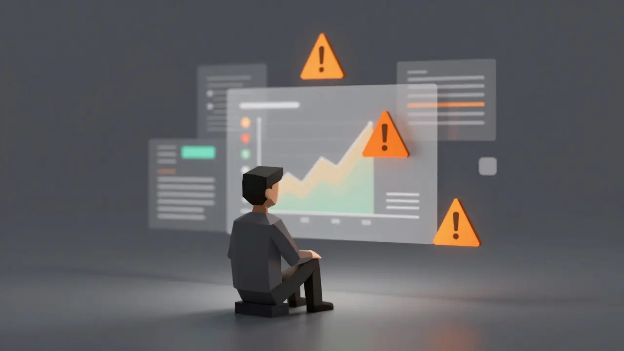 Low poly figure analyzing risky crypto data panels