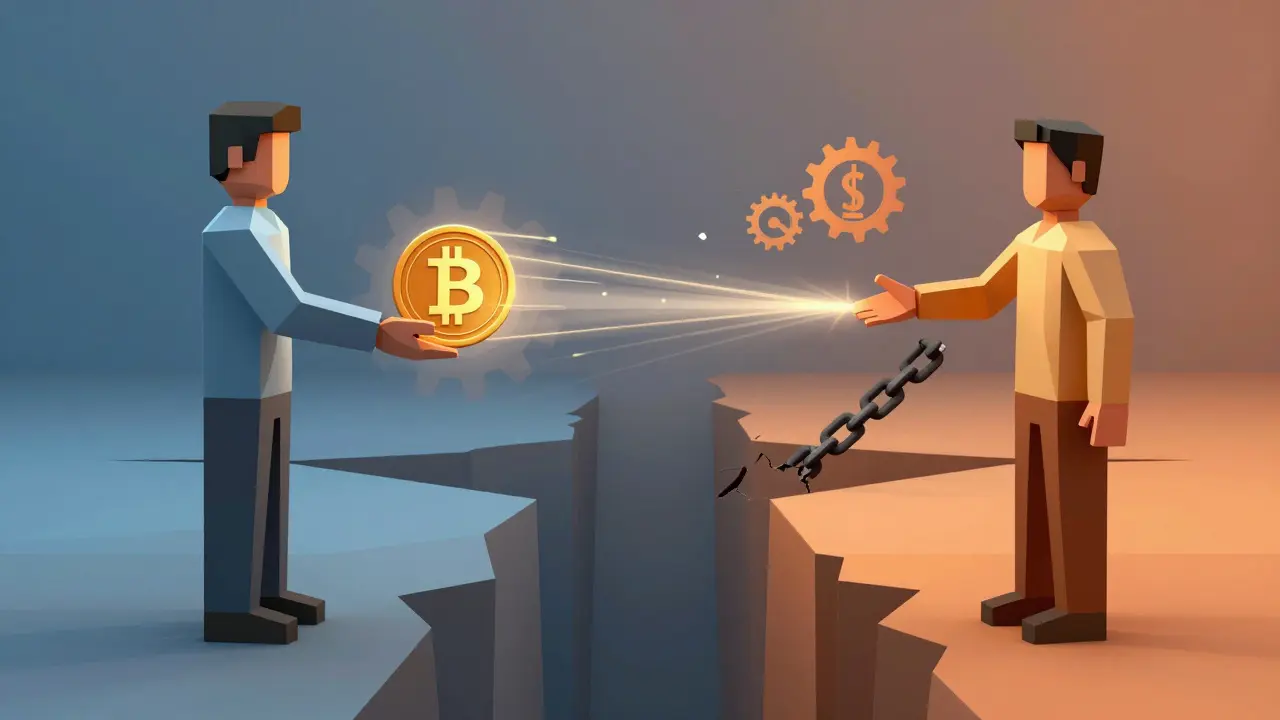 Low poly figures exchanging crypto across a divide