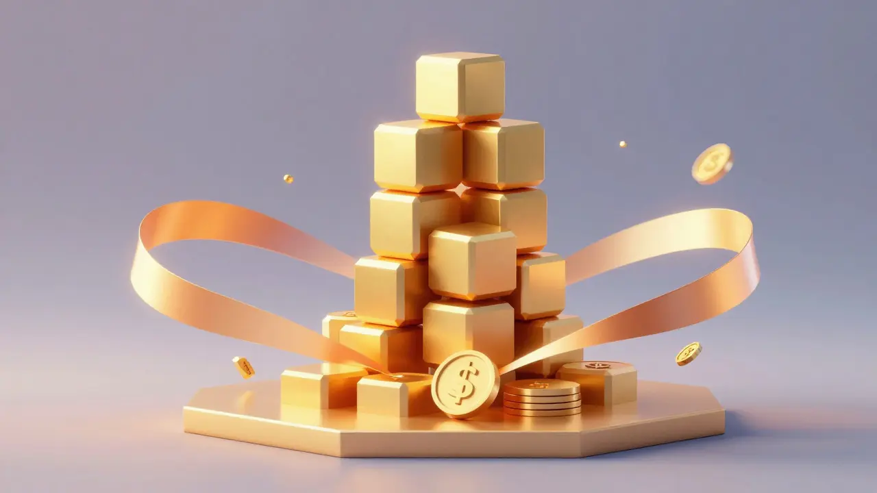 Low poly golden blocks stacking up representing DeFi yield rewards
