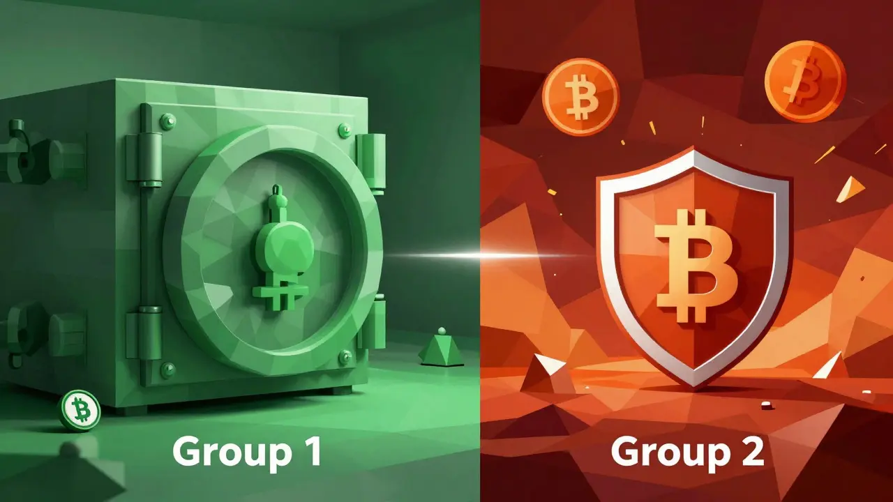 Low poly graphic comparing safe Group 1 vs risky Group 2 crypto