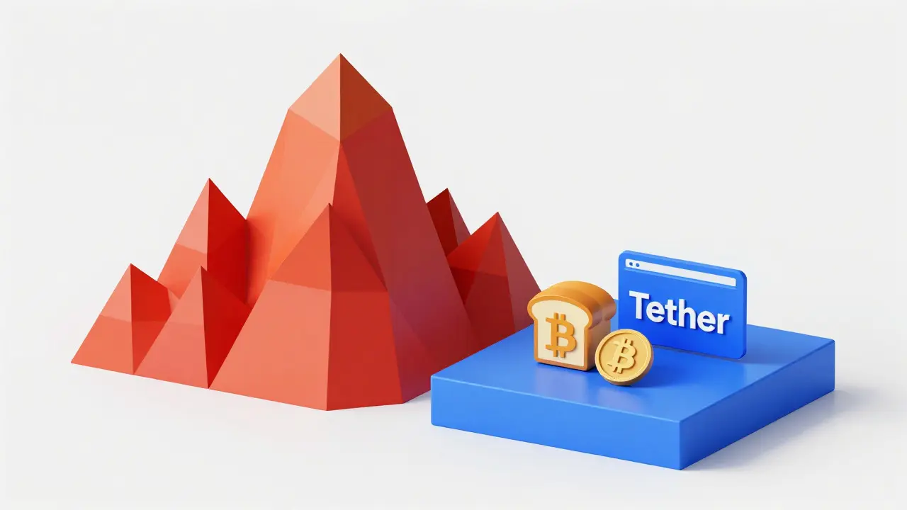 Low poly graphic comparing volatile Bitcoin peaks with stable USDT platforms