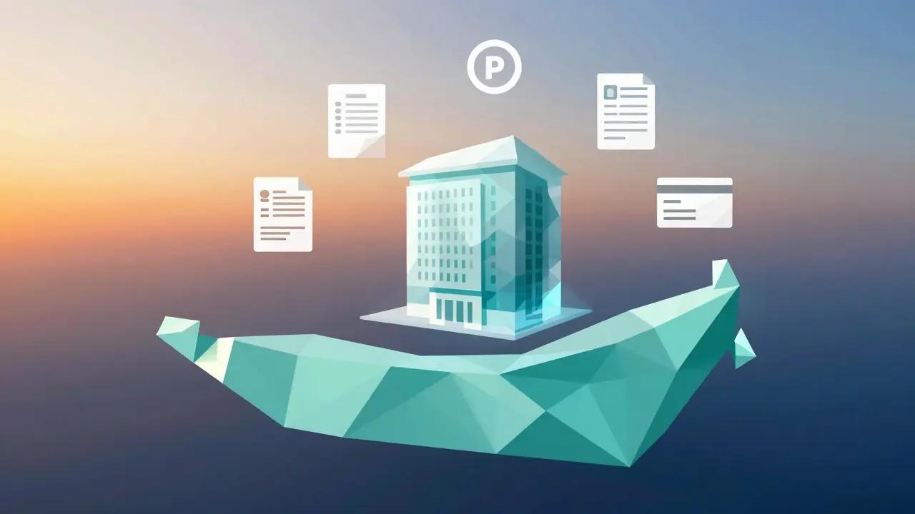 Low poly graphic of Dubai relocation steps and corporate setup icons