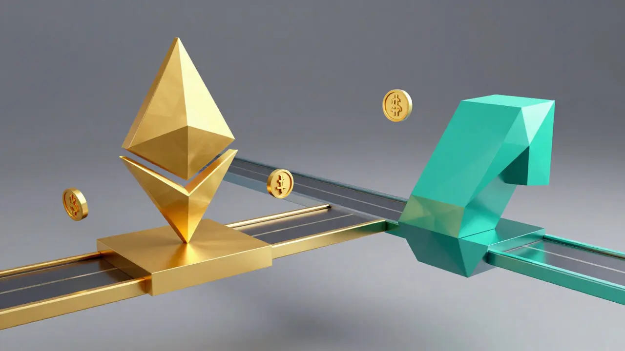 Low poly graphic of Ethereum and Solana chains connecting