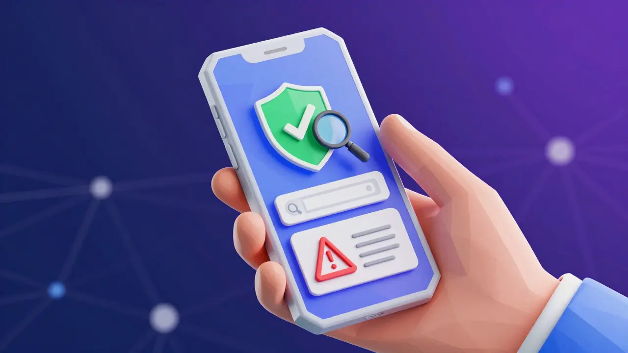 Low poly hand holding phone with security icons