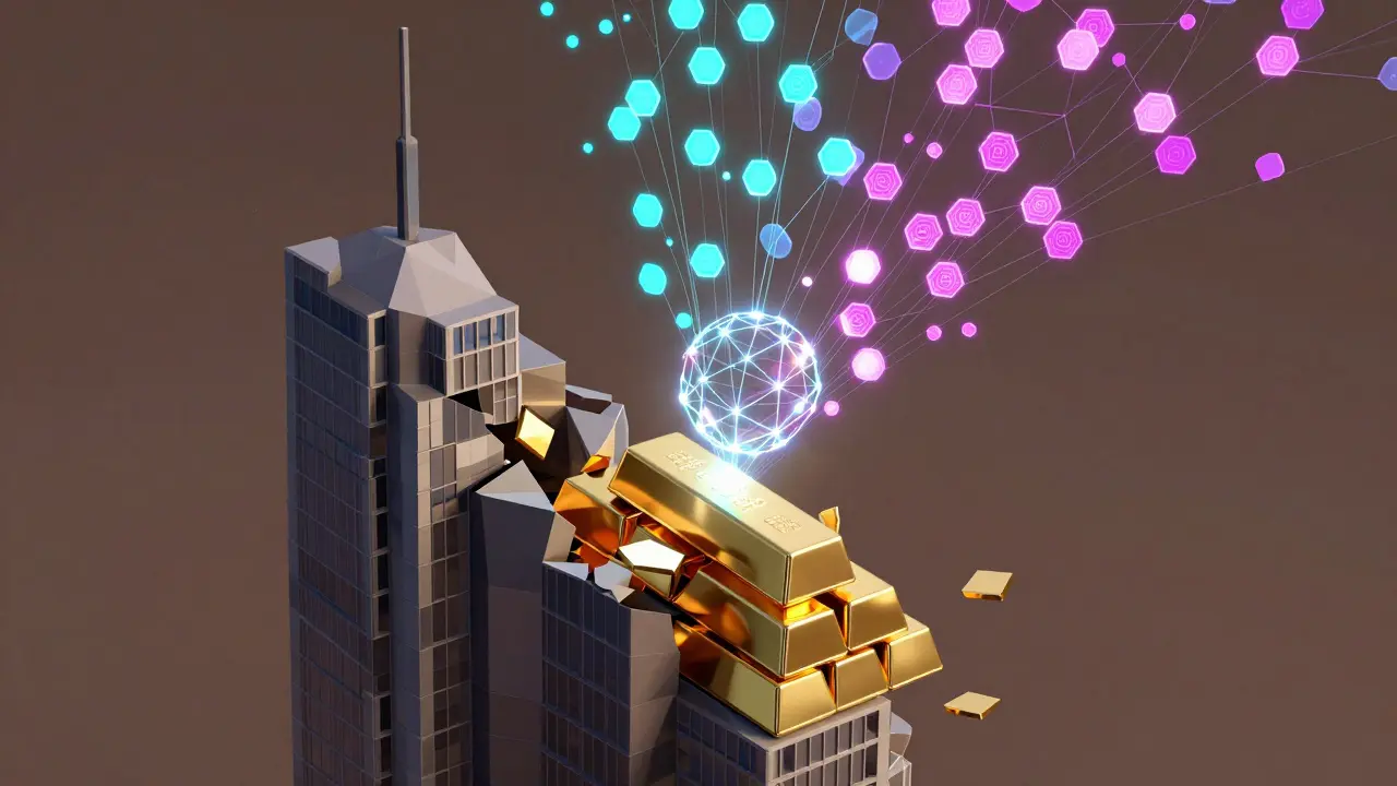 Low poly illustration of buildings turning into floating digital tokens