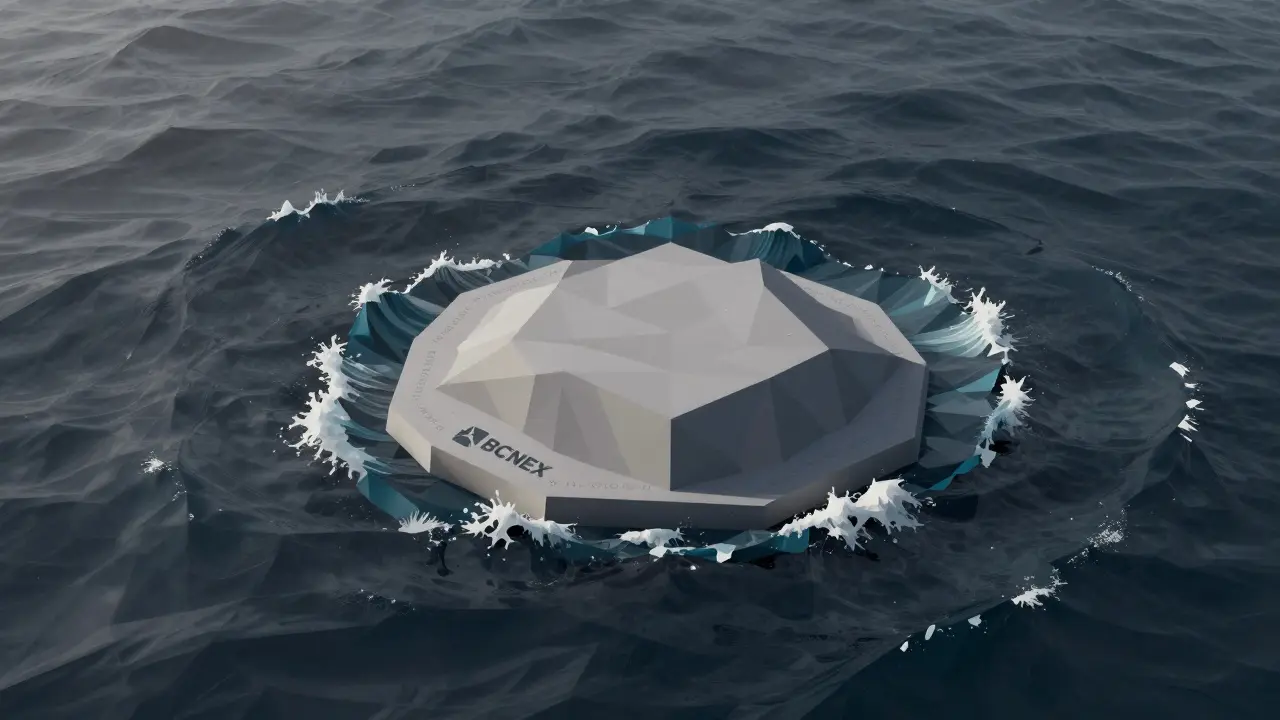 Low poly illustration showing a small trading platform isolated in a sea of large, jagged waves.