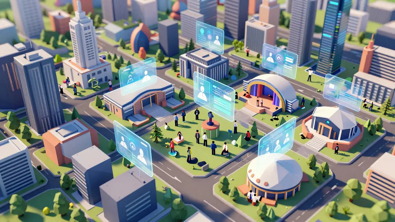 Low poly metaverse city with citizens voting on design