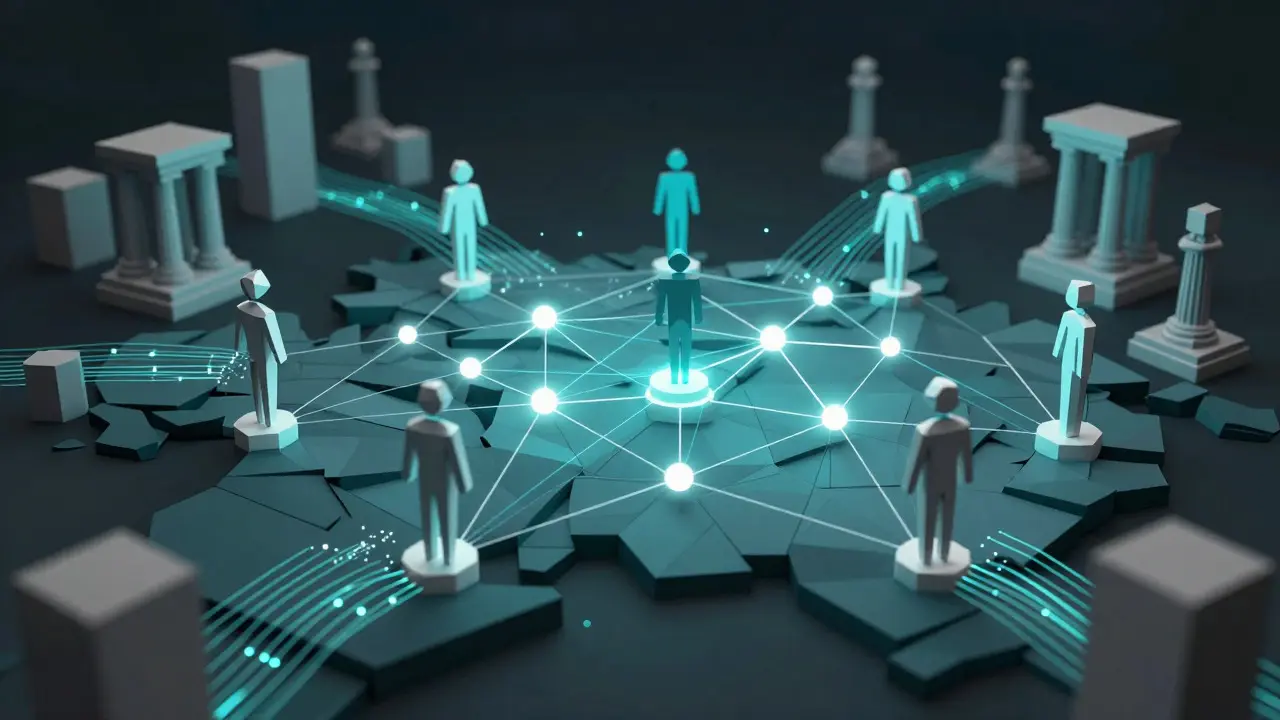 Low poly network diagram showing P2P crypto connections bypassing banks