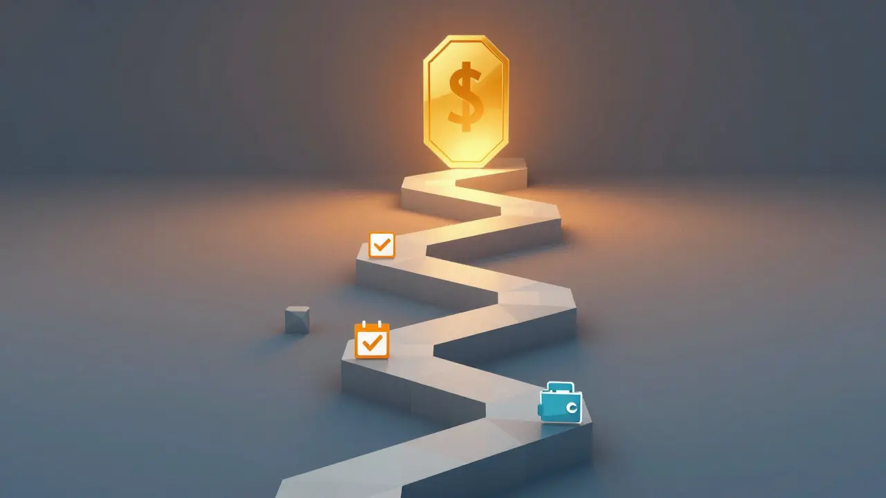 Low poly path leading to a glowing golden token