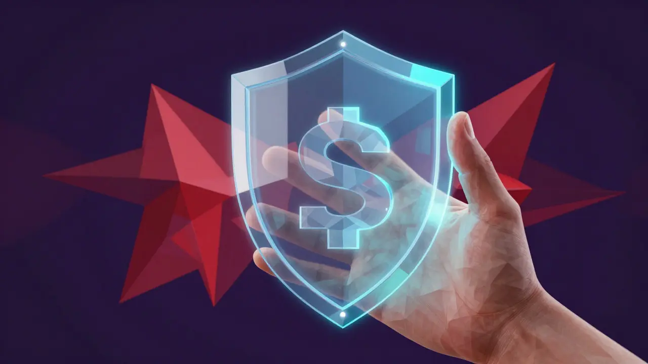 Low poly shield protecting a crypto wallet from phishing threats