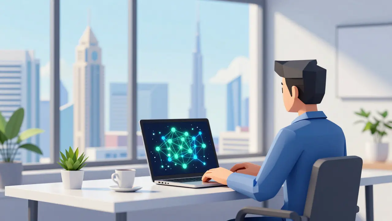 Low poly trader working in Dubai with blockchain visuals on screen