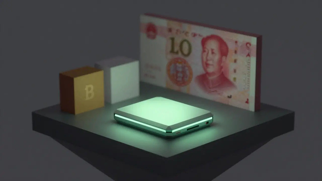 Minimalist low poly scene with a glowing hardware wallet and abstract market shapes