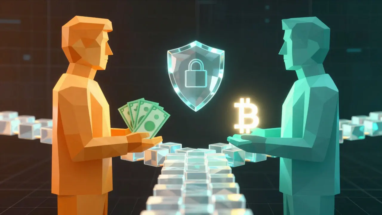 Two low poly figures exchanging assets via a secure blockchain bridge