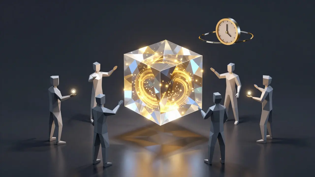 Abstract low poly art showing figures reaching for a crystal cube of tokens