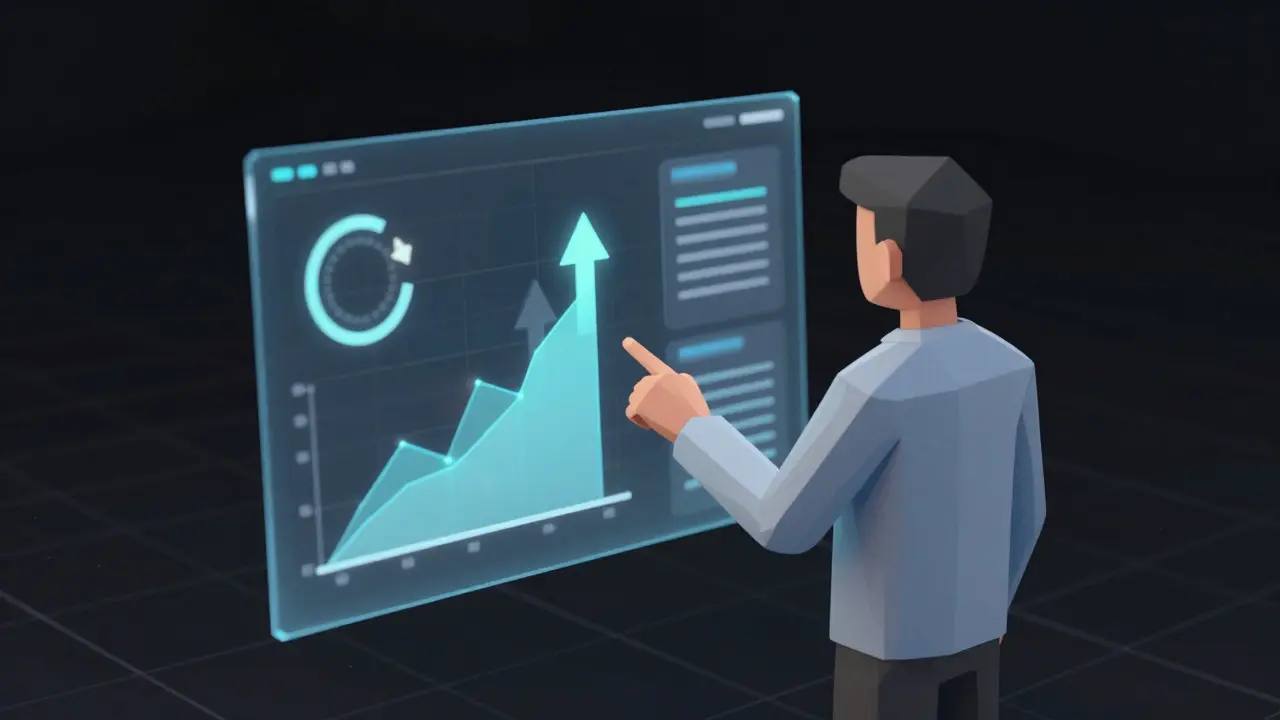 Abstract low poly figure interacting with a holographic DeFi dashboard interface.