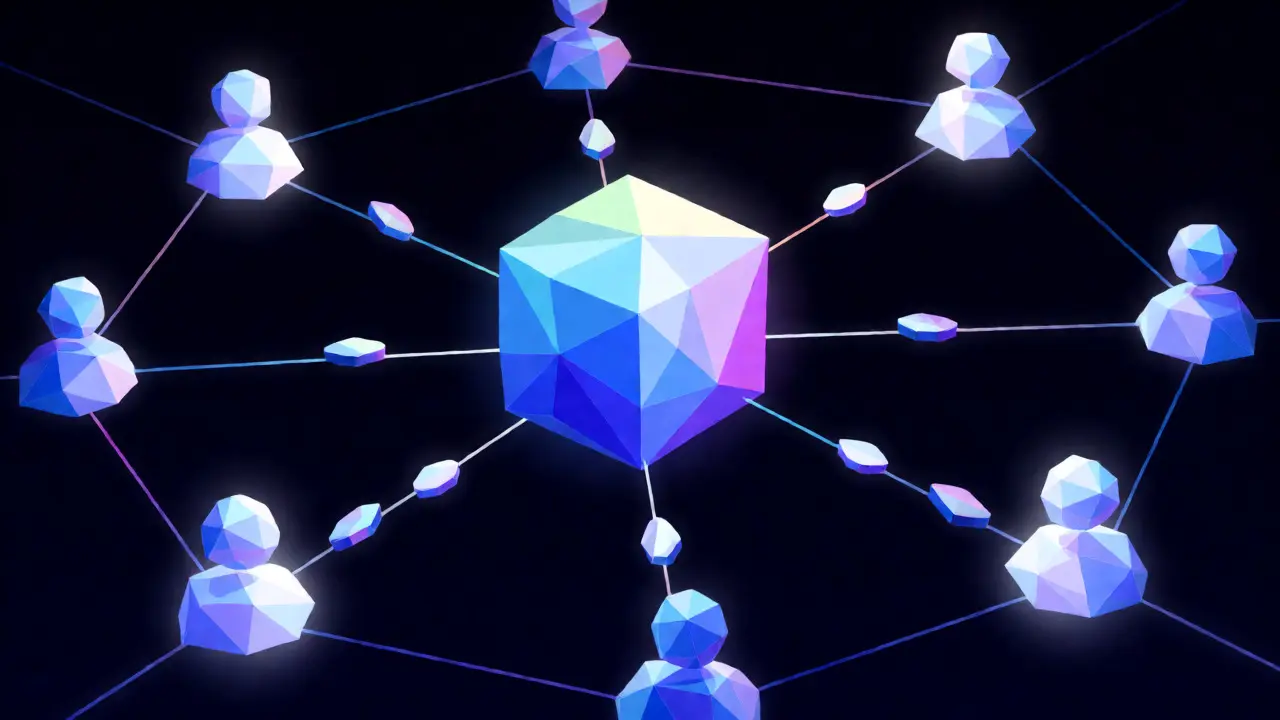 Abstract low poly scene depicting smart contracts automating payments between creators and licensees.