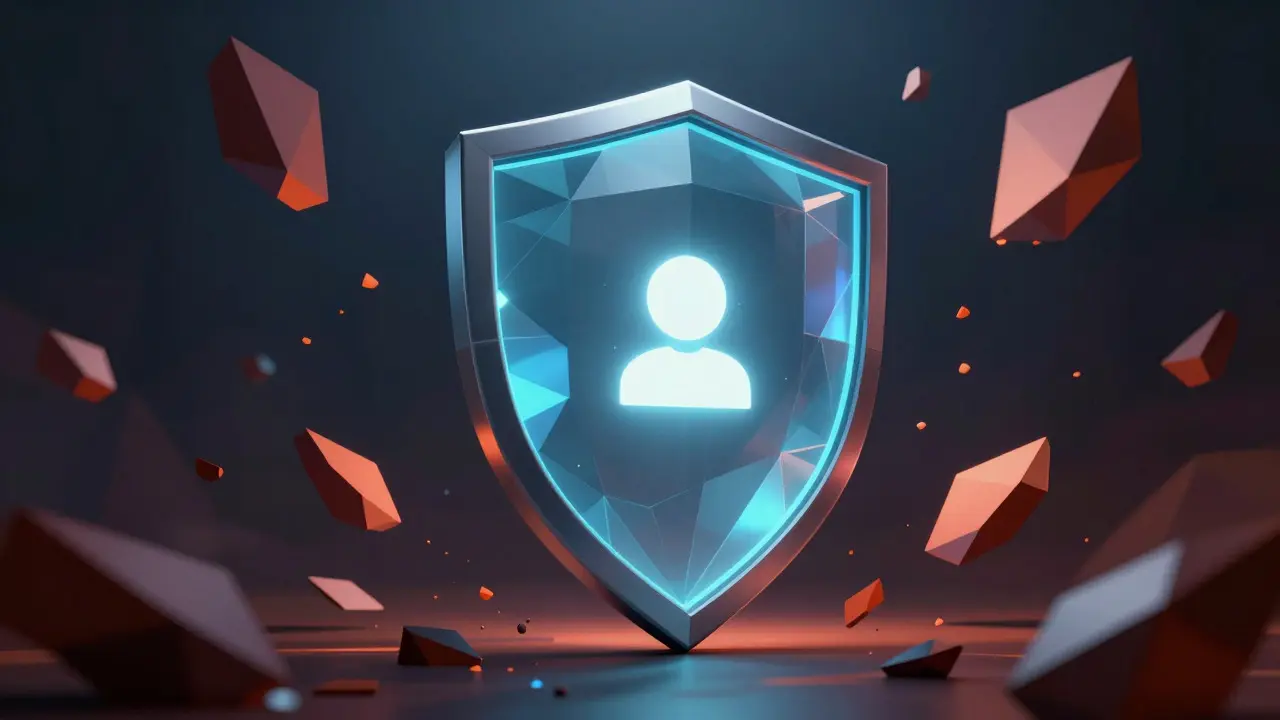 Abstract low poly shield protecting a glowing core from floating jagged shards symbolizing DeFi risks