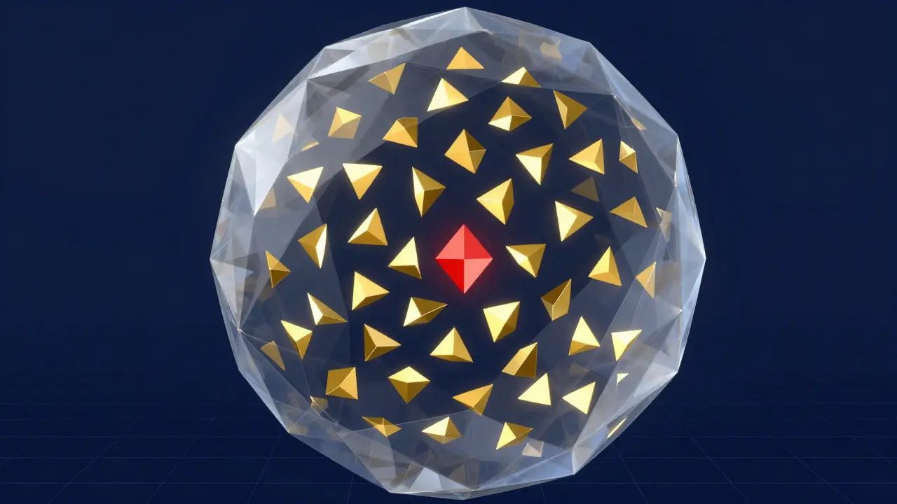 Abstract low poly sphere containing floating golden shapes representing a lottery