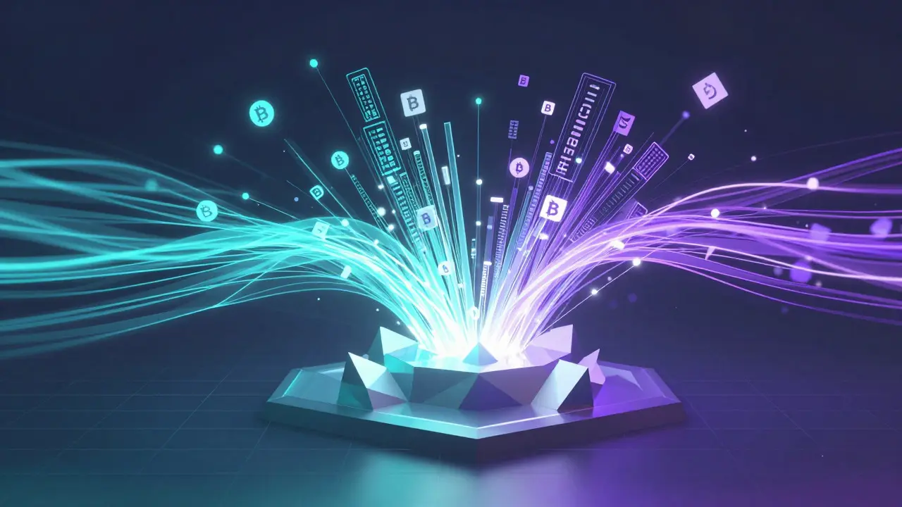 Abstract low poly streams of data flowing through a crystalline DEX hub