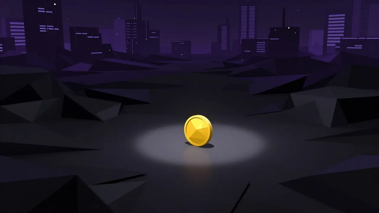 Conceptual low poly art of a single coin on a vast, empty dark landscape representing low liquidity