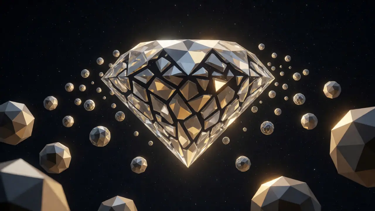 Faceted diamond breaking into digital tokens, symbolizing the liquidation and trading of intellectual property rights.
