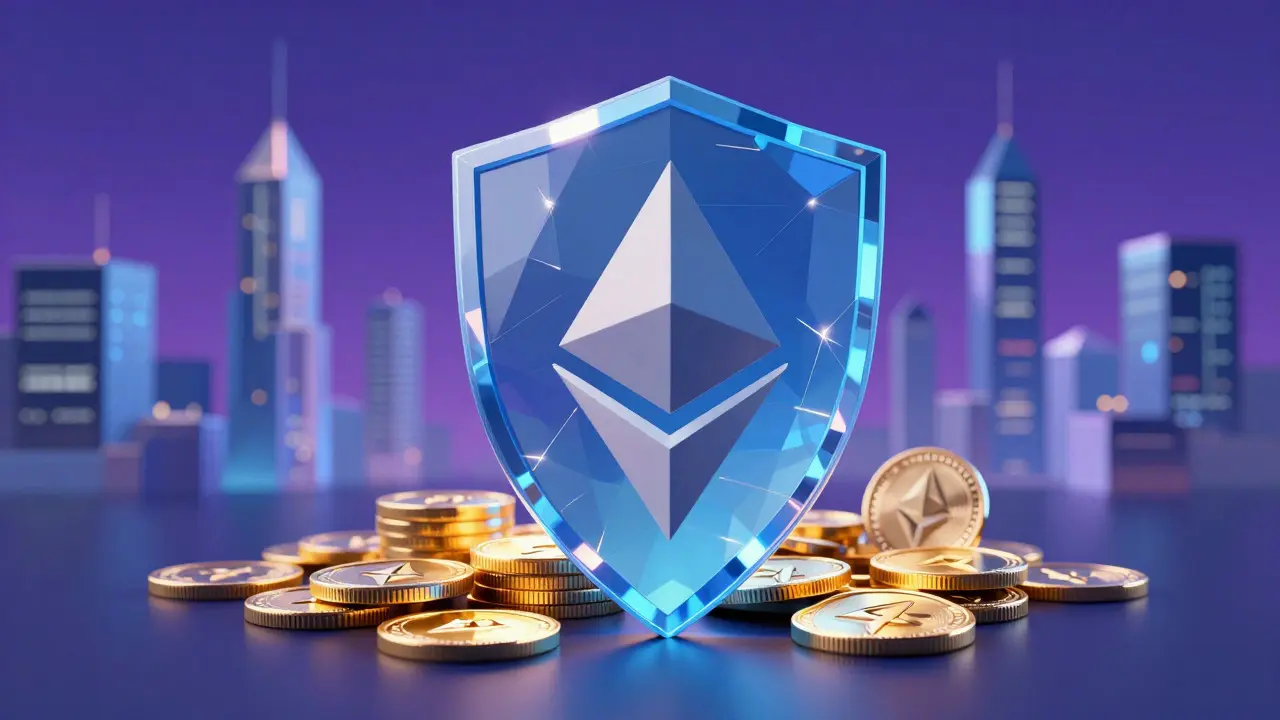 Faceted glass shield protecting glowing cryptocurrency coins in a digital landscape